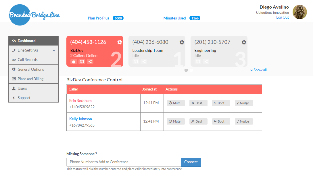 Conference Call Services Dashboard conference call services dashboard