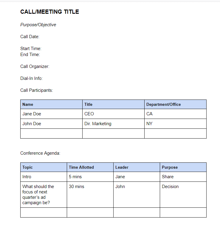 conference call agenda