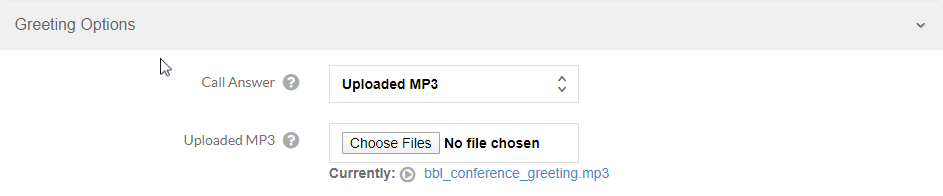Branded Bridge Line’s user interface when uploading a pre-recorded welcome greeting