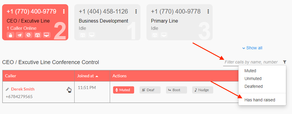 Using caller hand raised feature in Branded Bridge Line's audio conferencing interface