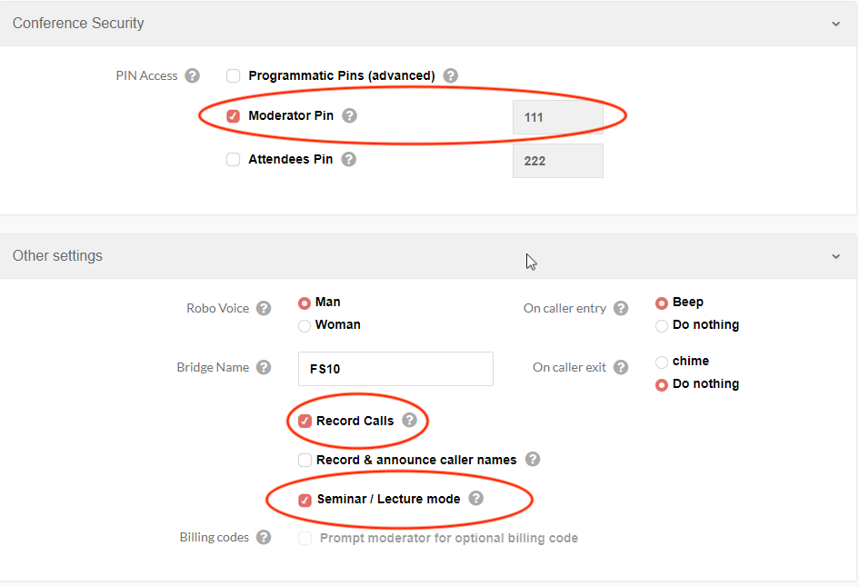 Lecture Mode, Moderator Pin, and option to record audio conference calls