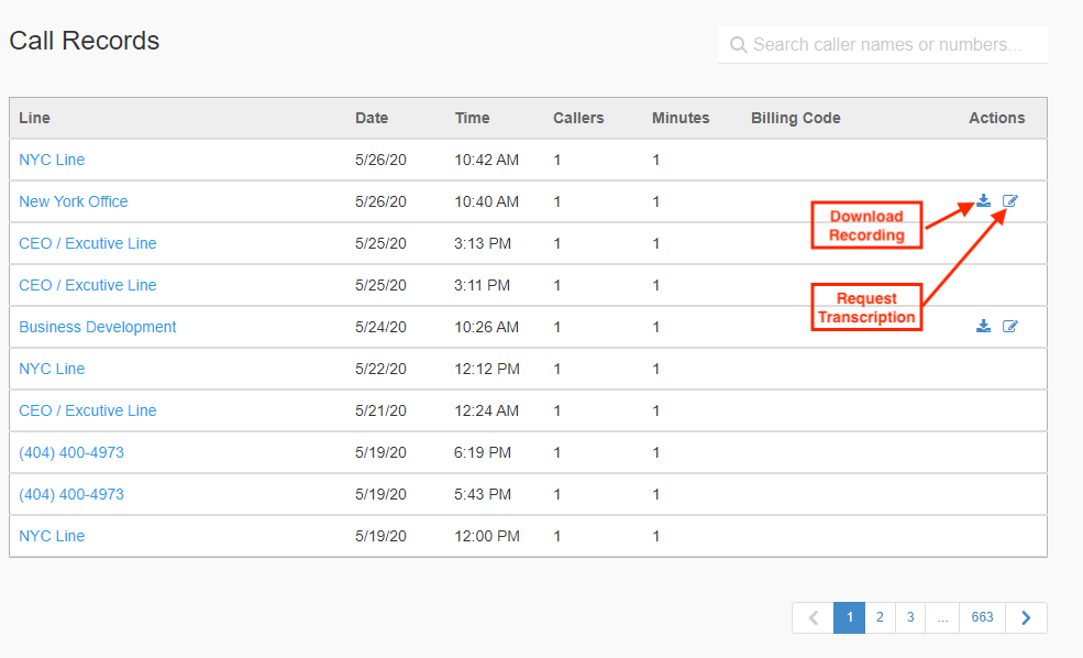 Call Records log where you can download and request transcriptions of recorded audio calls with Branded Bridge Line