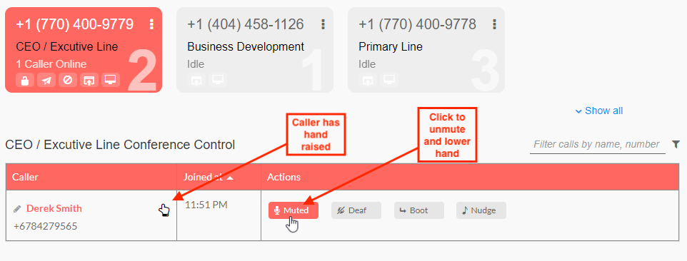 Controls on Branded Bridge Line’s interface to unmute the caller and lower their hand