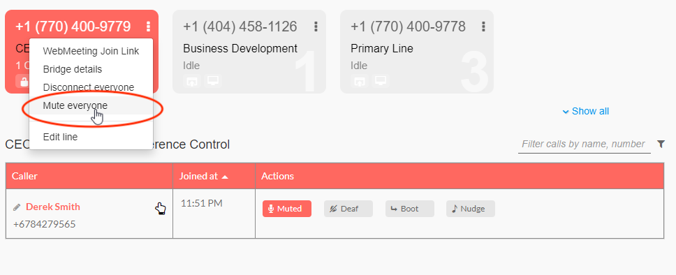 Option to mute everyone on an audio conference call from the Branded Bridge Line number tile